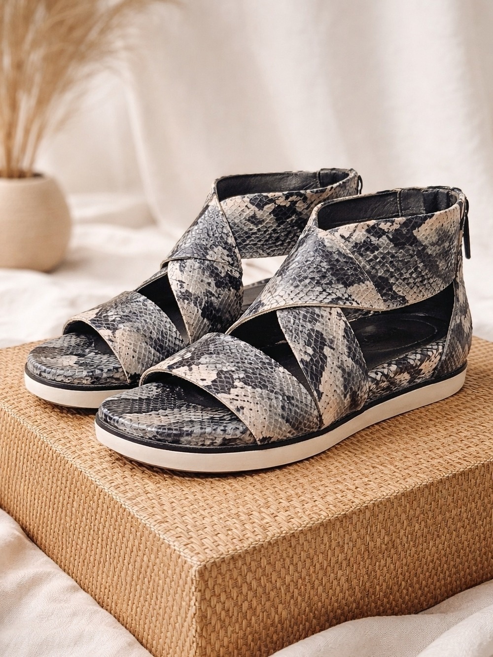 Busola Snakeskin Leather Gladiator Sandals Size 39 Neutral Python Print Flat